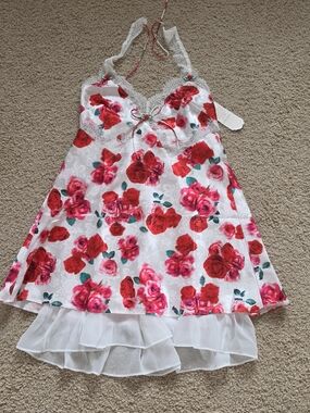 Lost + Wander White Satin Slip Dress with Red and Pink Rose Print